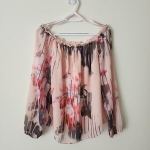 White House Black Market Womens Blouse Size M Pink Floral Long Sheer Sleeve WHBM
